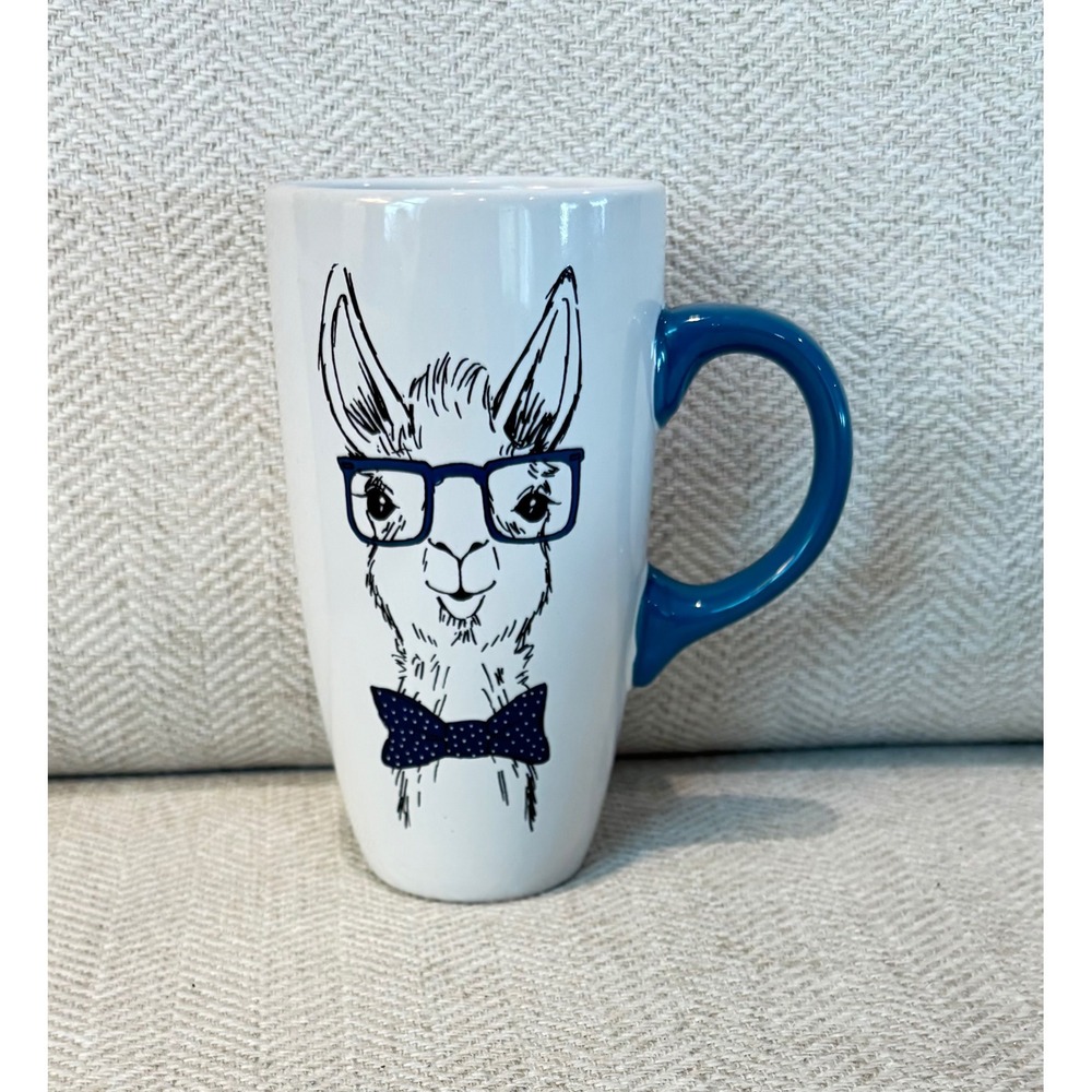 Sheffield Home Llama with Glasses Bowtie Ceramic Latte Mug White Blue Large 16oz